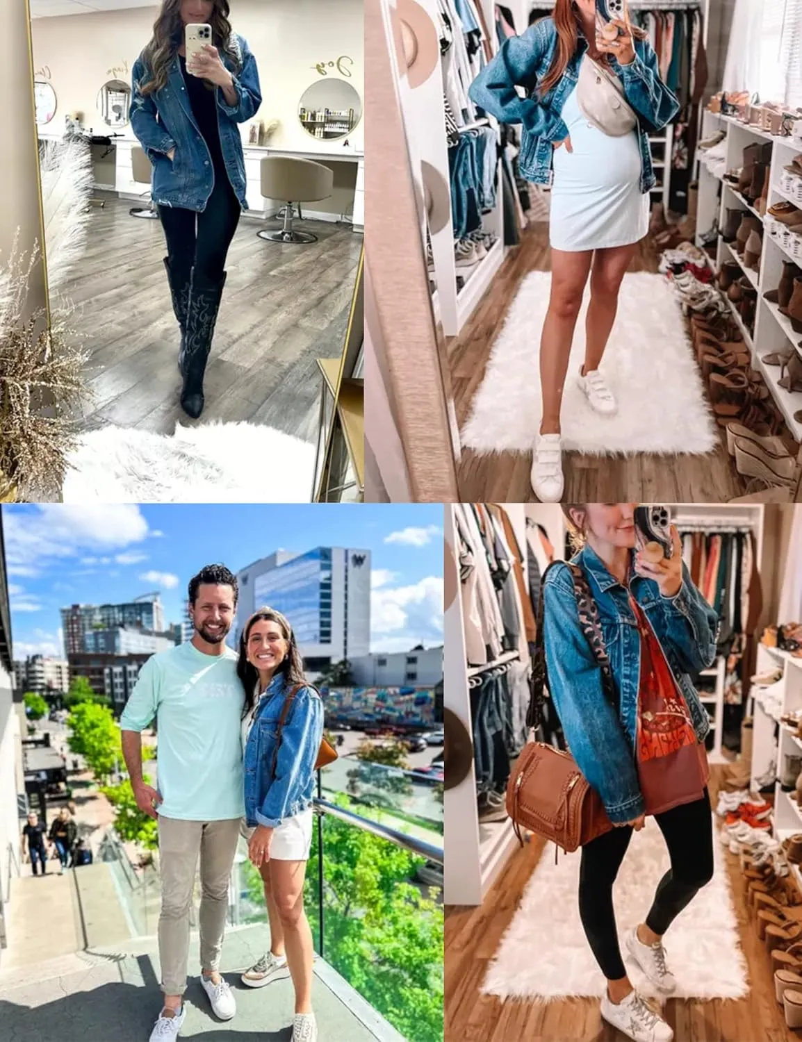 PUWEI Women's Oversized Denim Jacket Distressed Lapel Button Up Long Sleeve Jean Jacket with Pockets