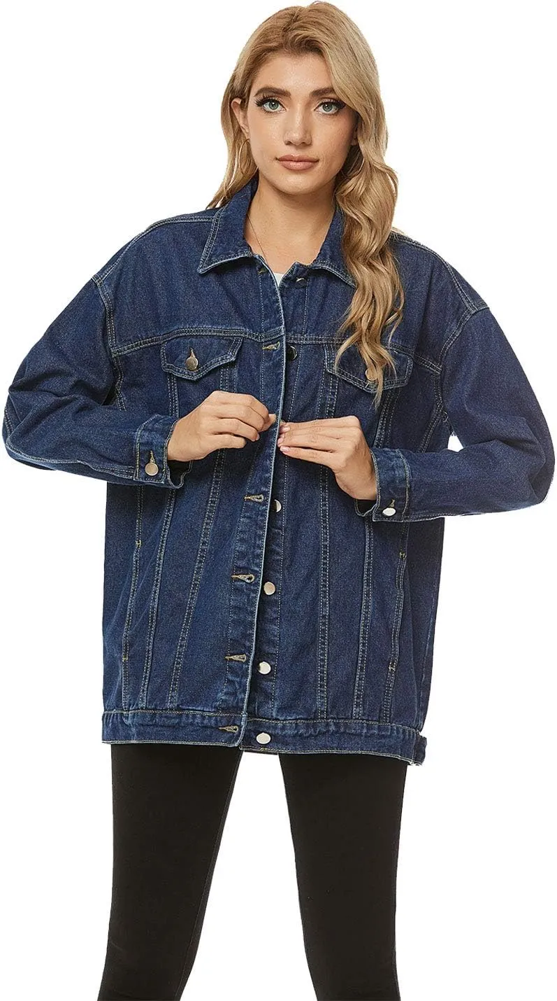 PUWEI Women's Oversized Denim Jacket Distressed Lapel Button Up Long Sleeve Jean Jacket with Pockets