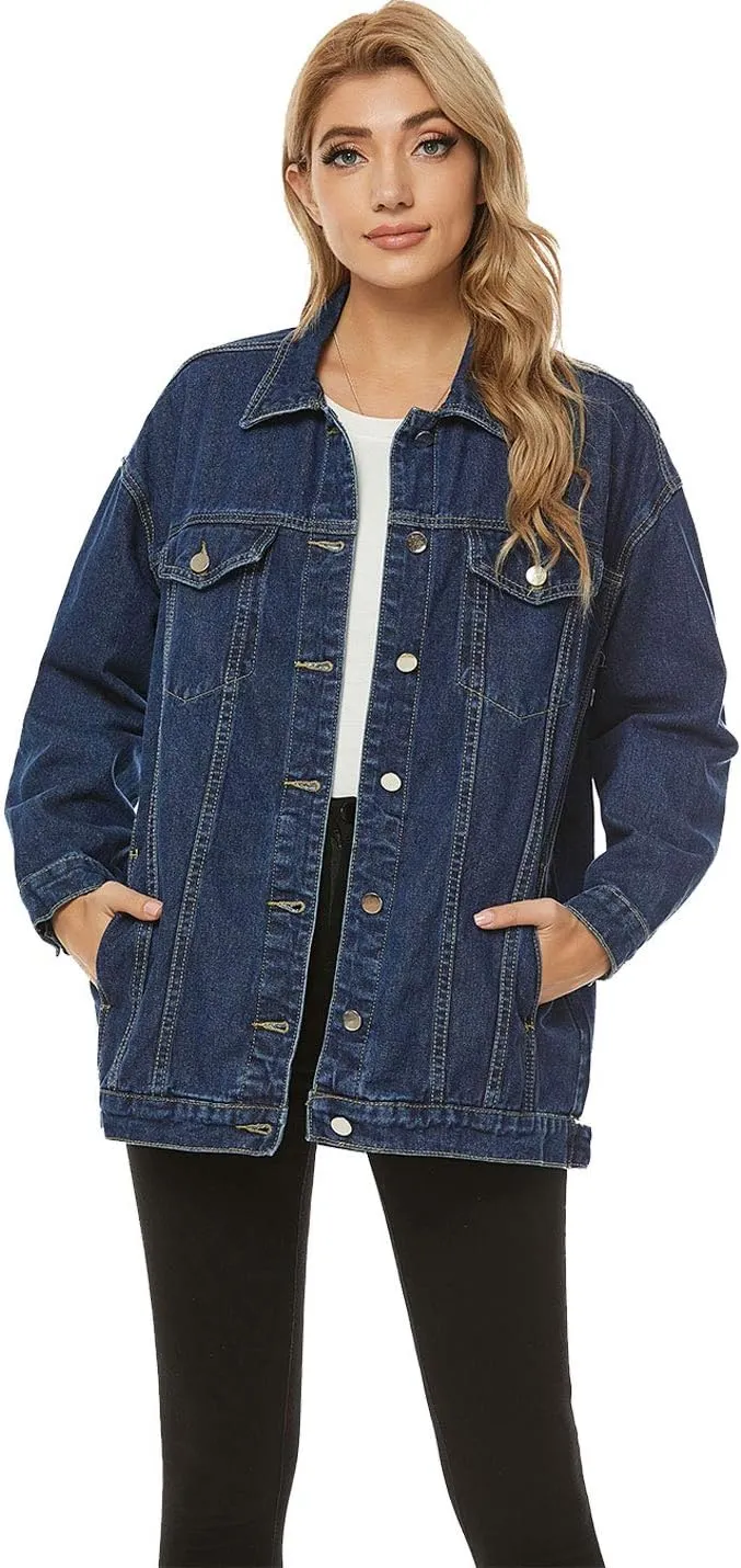 PUWEI Women's Oversized Denim Jacket Distressed Lapel Button Up Long Sleeve Jean Jacket with Pockets