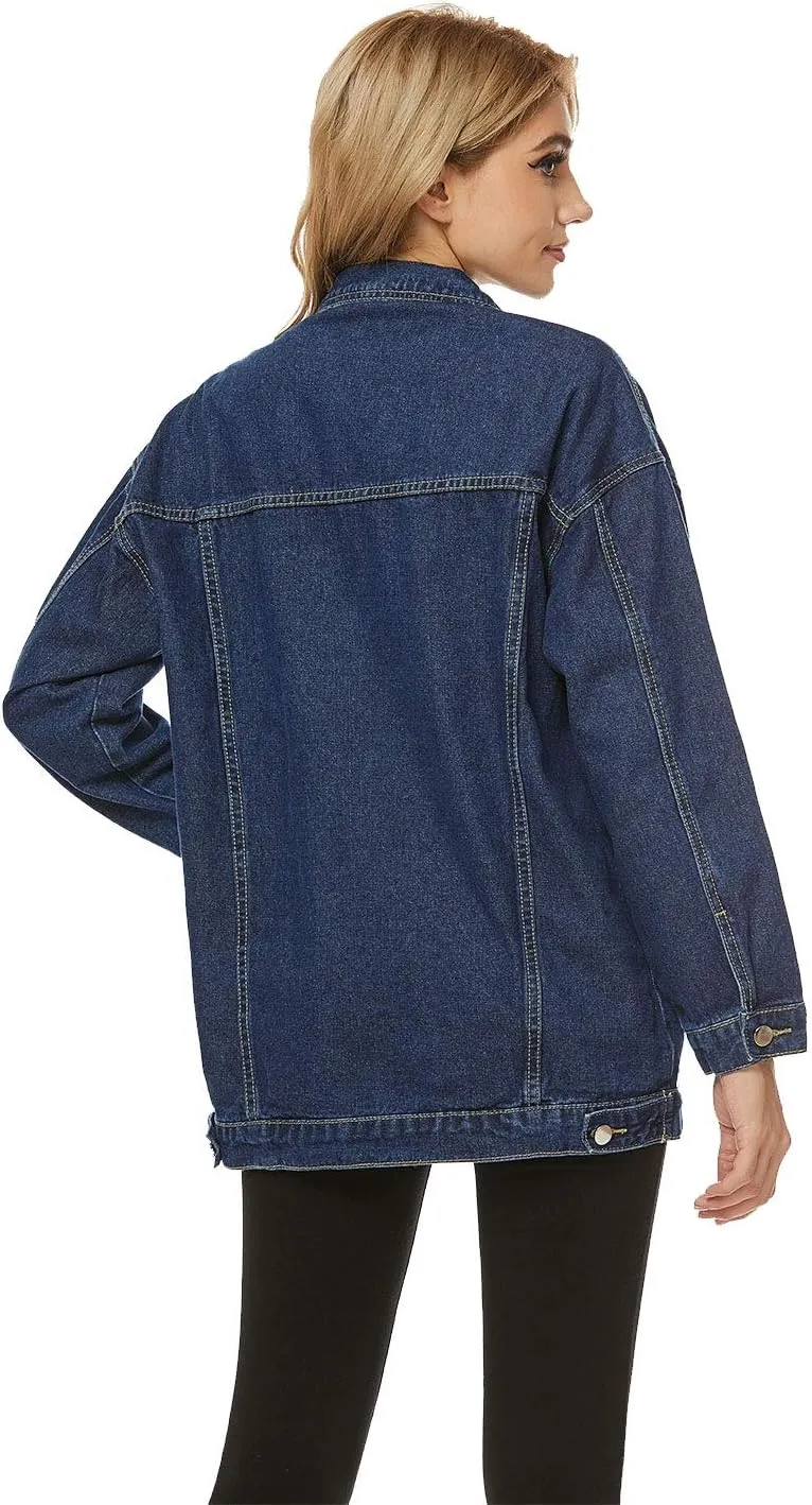 PUWEI Women's Oversized Denim Jacket Distressed Lapel Button Up Long Sleeve Jean Jacket with Pockets