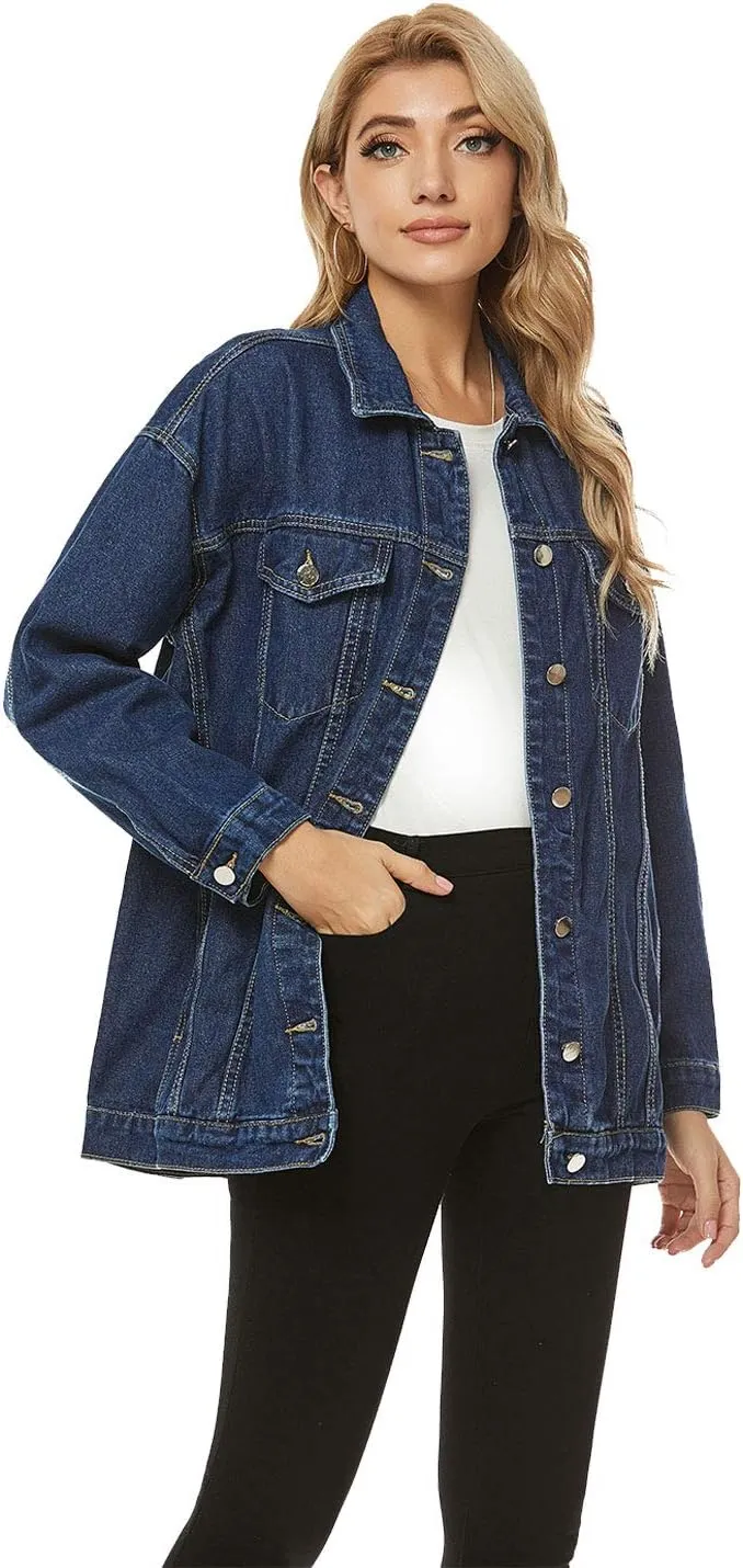 PUWEI Women's Oversized Denim Jacket Distressed Lapel Button Up Long Sleeve Jean Jacket with Pockets