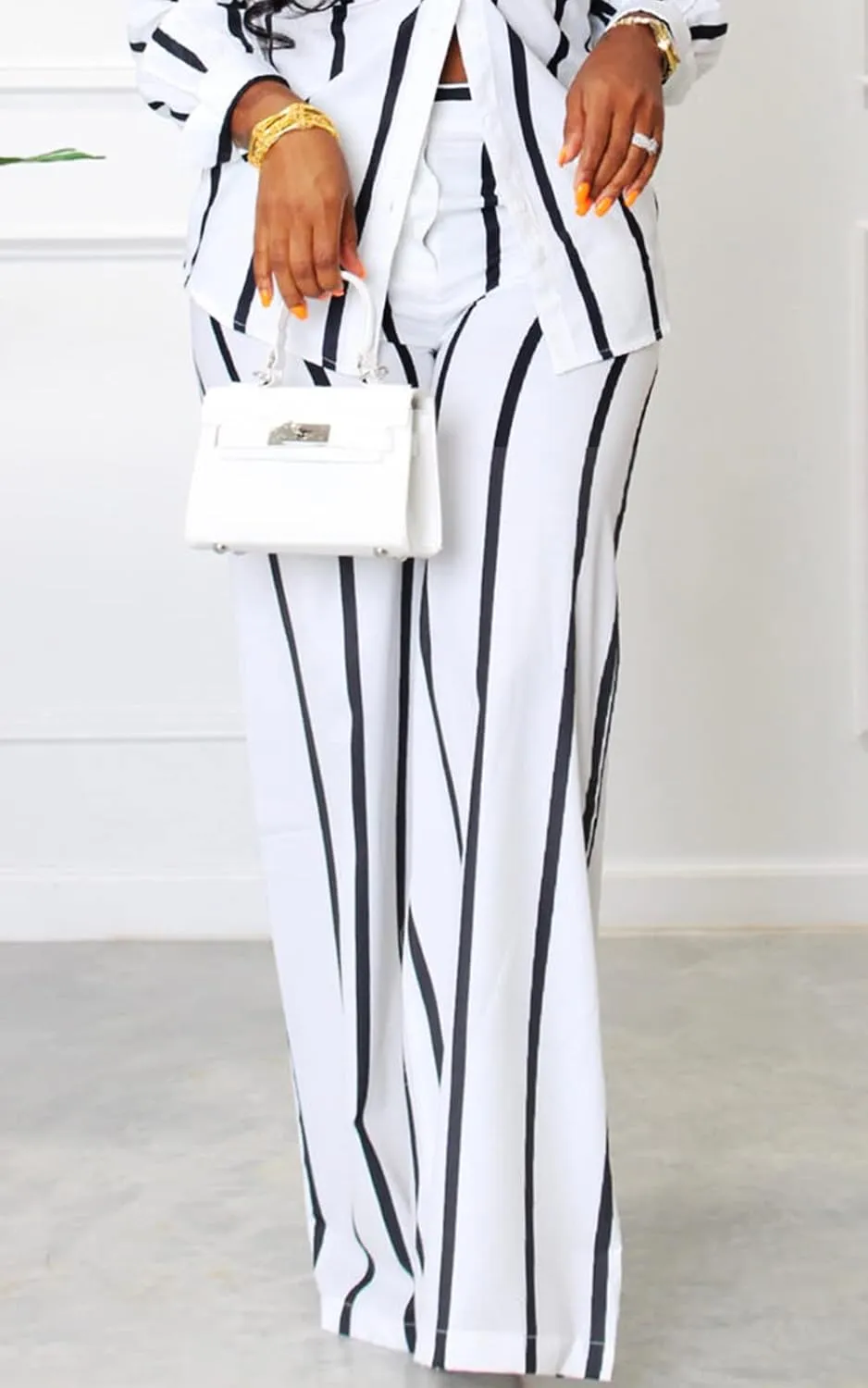 Remelon Women's Casual Two Piece Outfits Striped Long Sleeve Collar Button Down Shirt Blouse High Waist Wide Leg Pants Sets