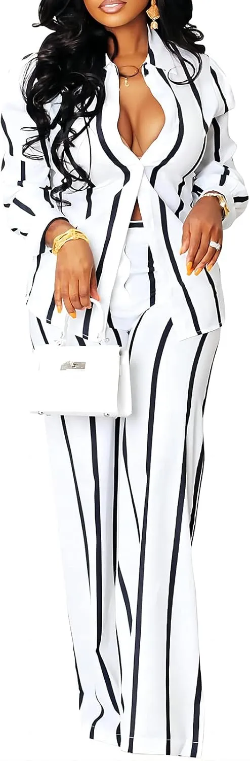 Remelon Women's Casual Two Piece Outfits Striped Long Sleeve Collar Button Down Shirt Blouse High Waist Wide Leg Pants Sets