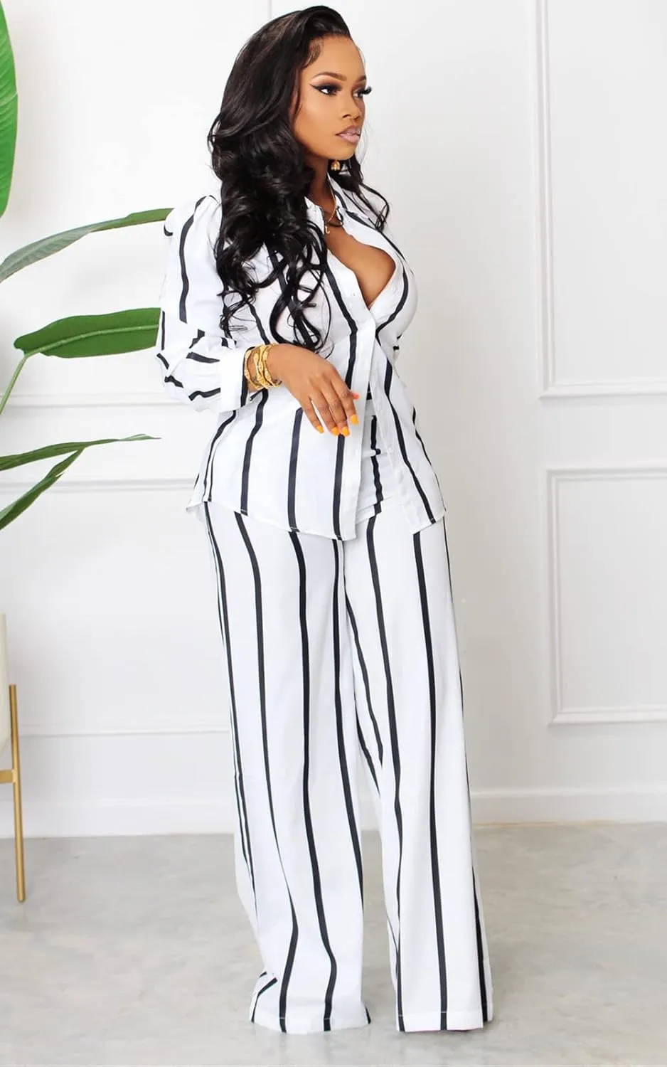 Remelon Women's Casual Two Piece Outfits Striped Long Sleeve Collar Button Down Shirt Blouse High Waist Wide Leg Pants Sets