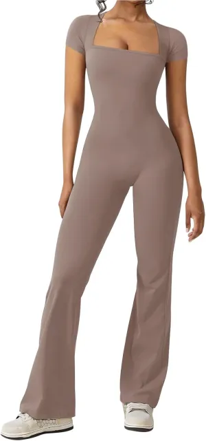 REORIA Women Sexy Square Neck Short Sleeve Bodycon Jumpsuit Full Length Stretchy One Piece Yoga Flare Jumpsuits