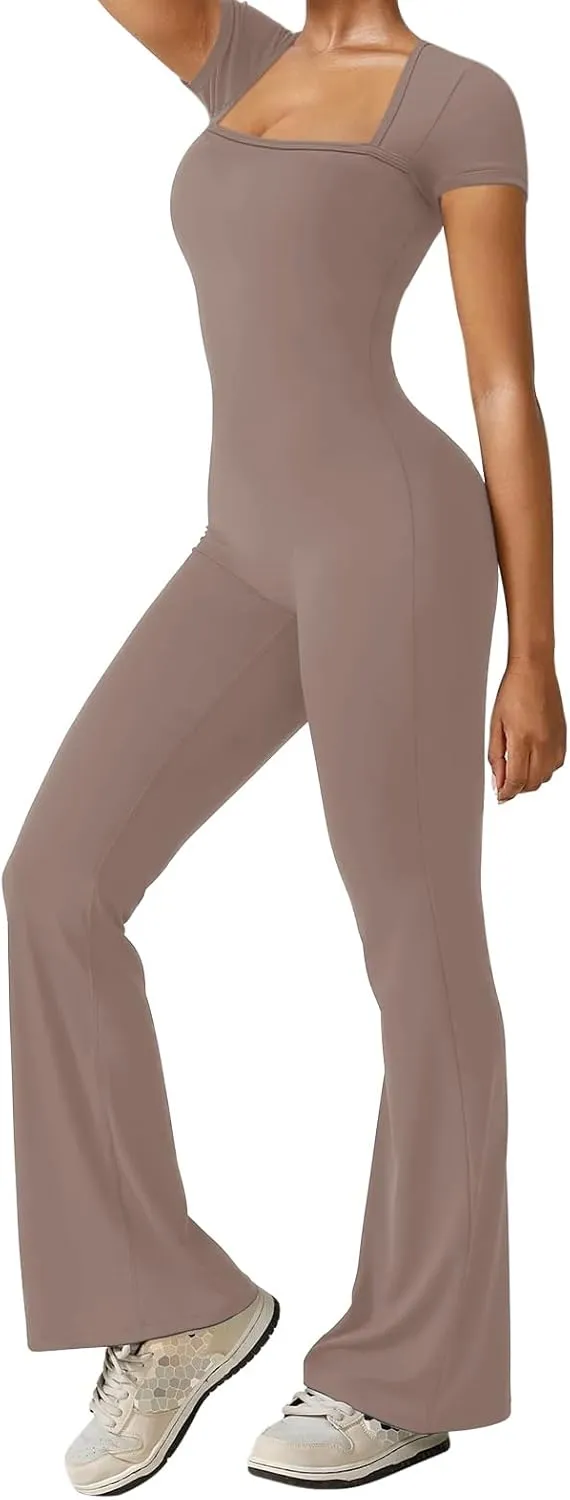 REORIA Women Sexy Square Neck Short Sleeve Bodycon Jumpsuit Full Length Stretchy One Piece Yoga Flare Jumpsuits