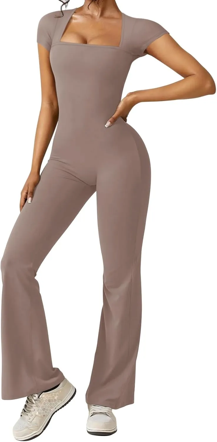 REORIA Women Sexy Square Neck Short Sleeve Bodycon Jumpsuit Full Length Stretchy One Piece Yoga Flare Jumpsuits