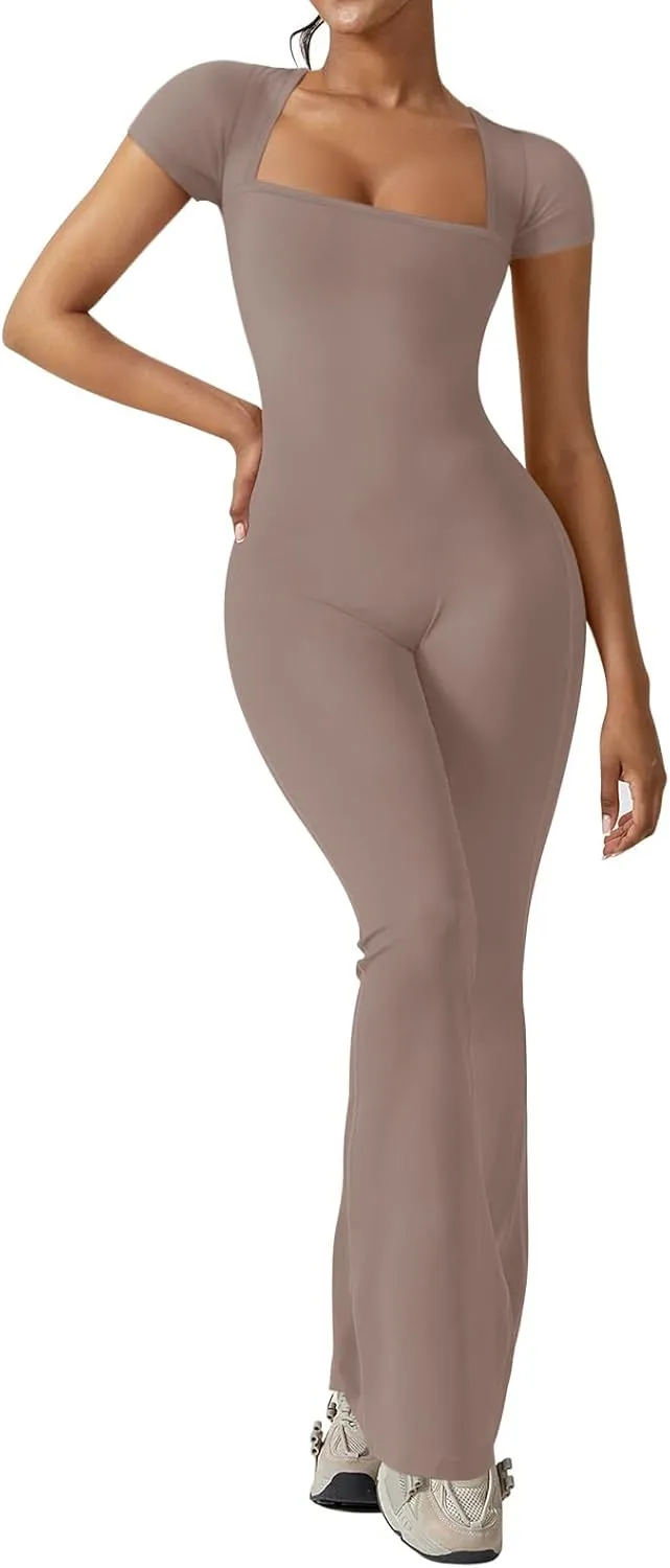 REORIA Women Sexy Square Neck Short Sleeve Bodycon Jumpsuit Full Length Stretchy One Piece Yoga Flare Jumpsuits