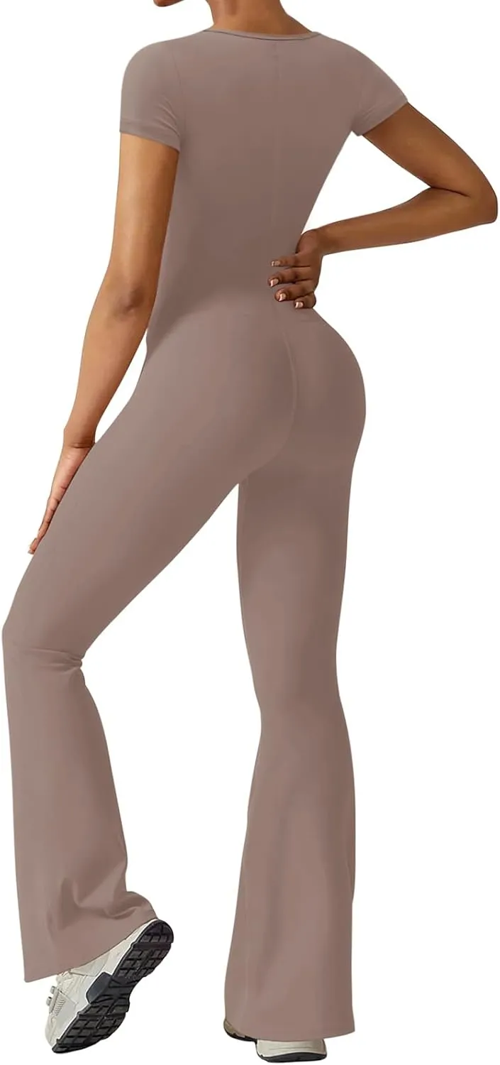 REORIA Women Sexy Square Neck Short Sleeve Bodycon Jumpsuit Full Length Stretchy One Piece Yoga Flare Jumpsuits
