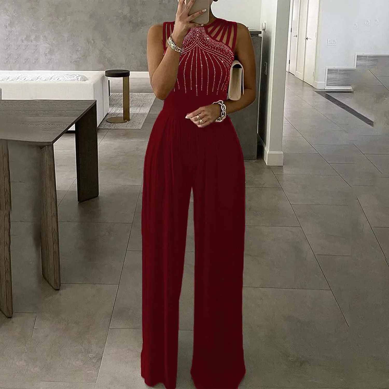 Rhinestone Jumpsuit for Women V Neck Sleeveless Hollow Out Rompers Cocktail Evening Party Outfits Trendy Overalls