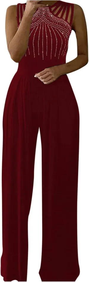 Rhinestone Jumpsuit for Women V Neck Sleeveless Hollow Out Rompers Cocktail Evening Party Outfits Trendy Overalls