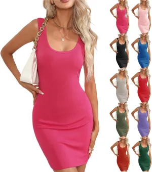 Ribbed Bodycon Dresses for Women Date Night Casual Strechy Sleeveless Mini Dress Sexy Scoop Neck Knit Tank Dress
