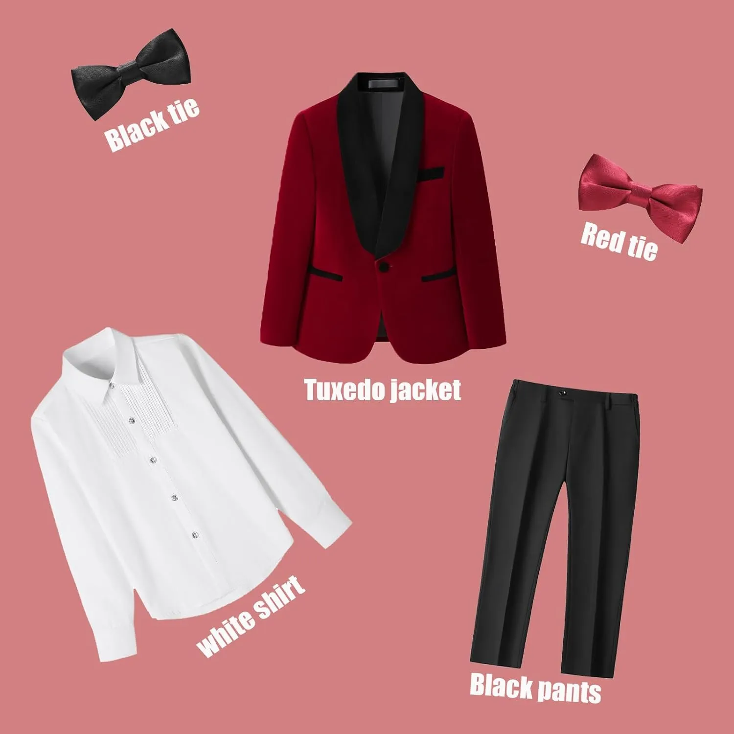 Rogers & Morris Boys Velvet Tuxedo Suit Formal Outfits Slim Fit Kids 5 Piece Set Shawl Lapel with 2 Bow-tie