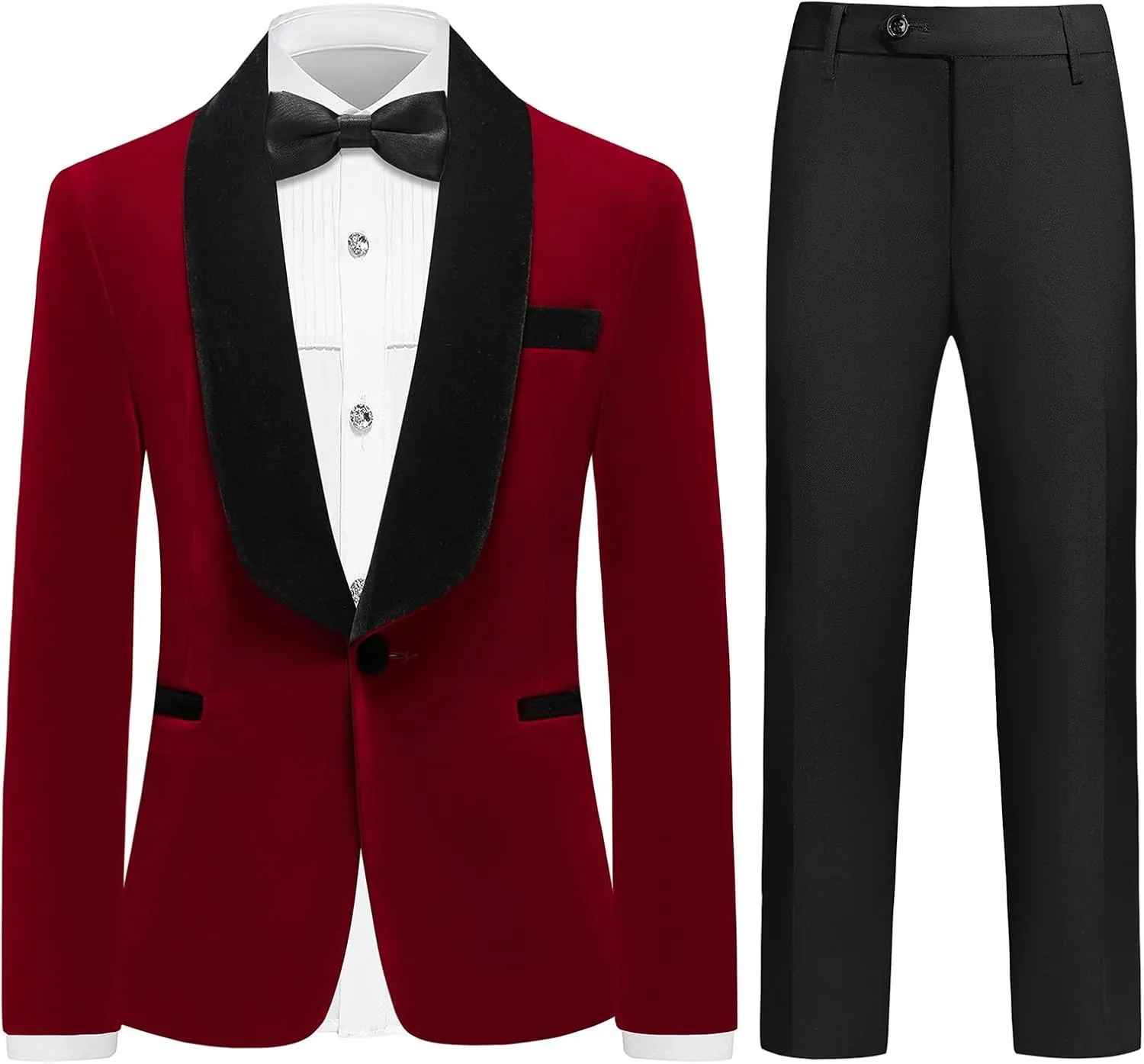 Rogers & Morris Boys Velvet Tuxedo Suit Formal Outfits Slim Fit Kids 5 Piece Set Shawl Lapel with 2 Bow-tie