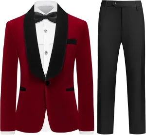 Rogers & Morris Boys Velvet Tuxedo Suit Formal Outfits Slim Fit Kids 5 Piece Set Shawl Lapel with 2 Bow-tie