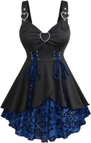 ROSE GAL Womens Plus Size Floral Flocking Tulip Hem Layered Ruffles Lace Up Ruched Heart Buckles Gothic Tank Top