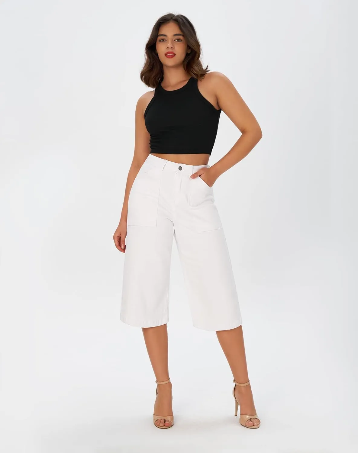 roswear Womens Wide Leg Capri Pants Stretchy High Waisted Loose Denim Jeans