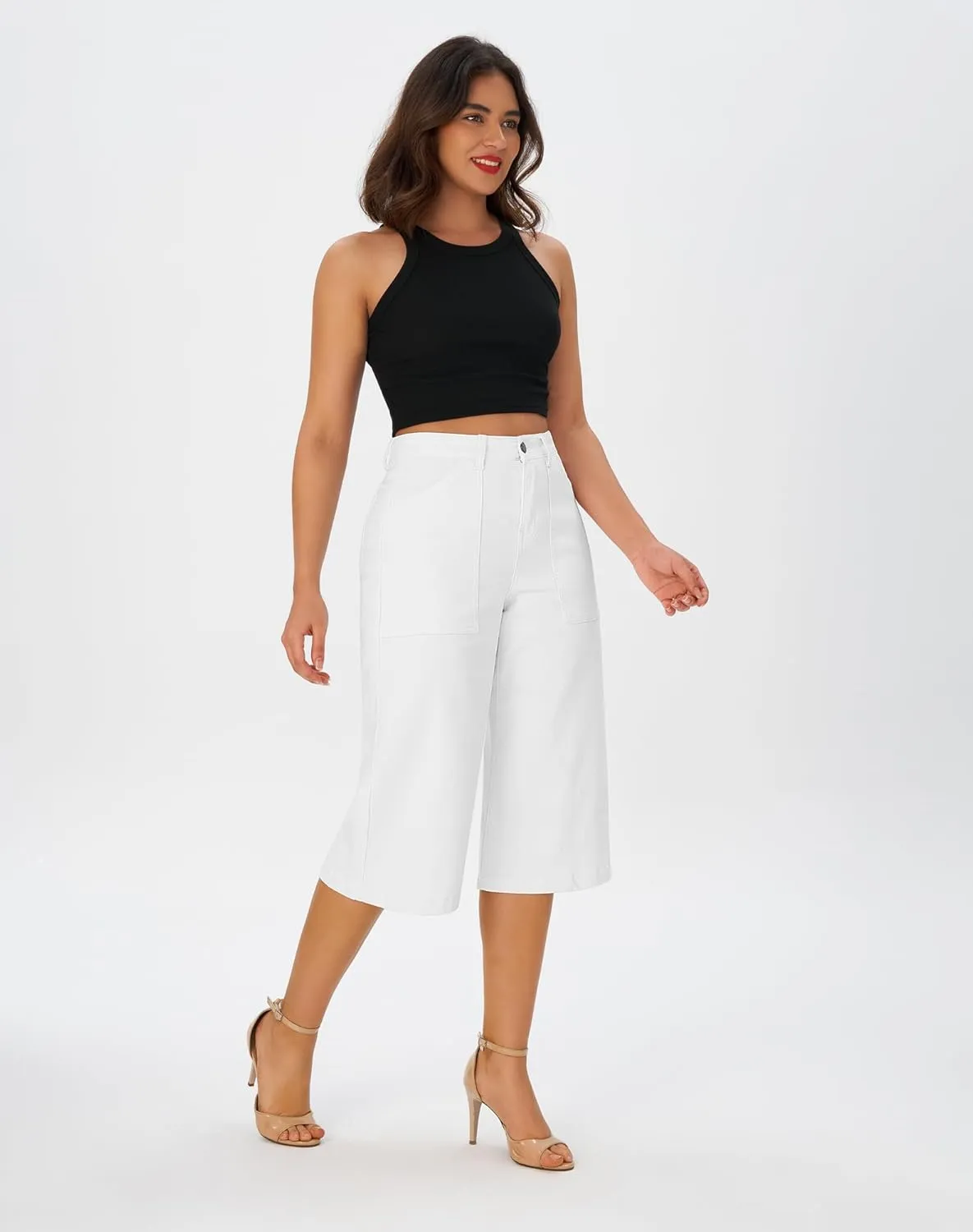 roswear Womens Wide Leg Capri Pants Stretchy High Waisted Loose Denim Jeans