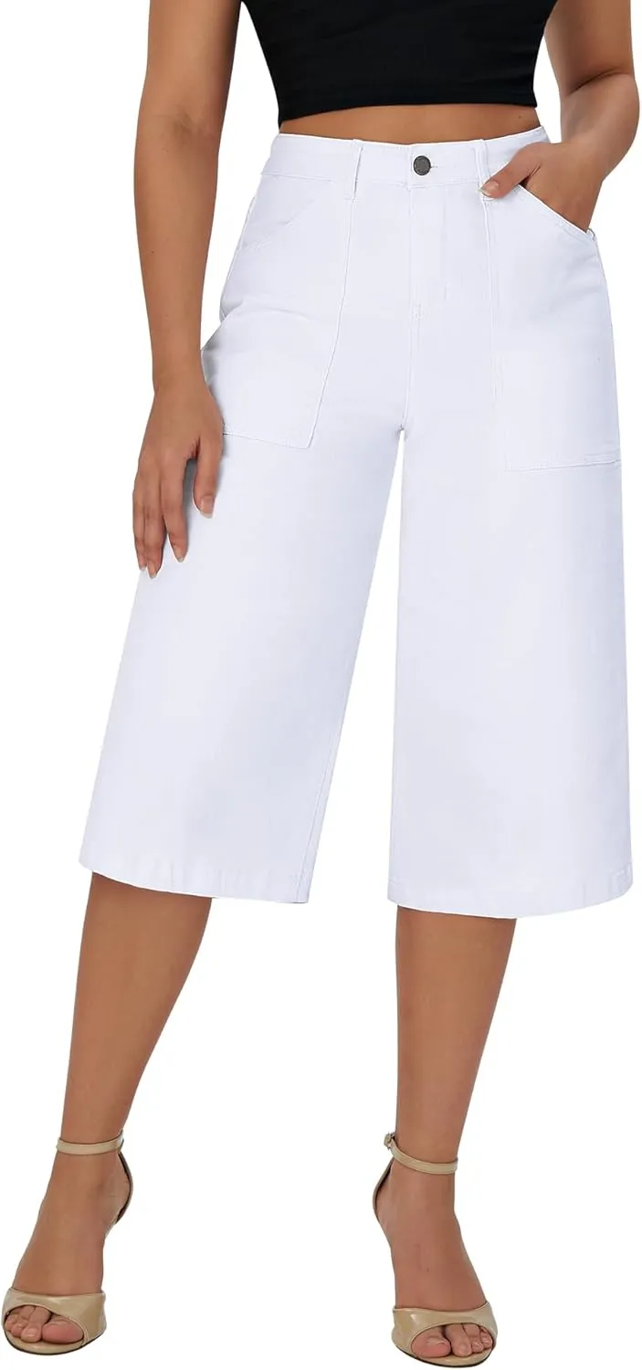roswear Womens Wide Leg Capri Pants Stretchy High Waisted Loose Denim Jeans