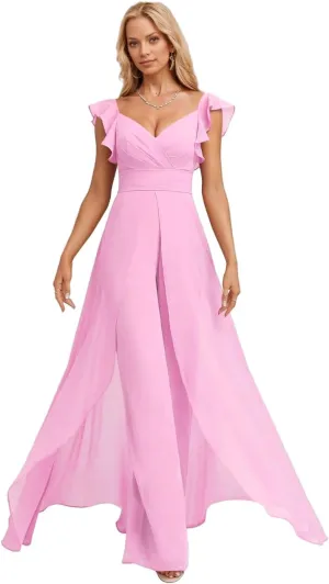 Ruffle Chiffon Bridesmaid Jumpsuits with Slit Pleated V Neck Wedding Guest Pantsuits