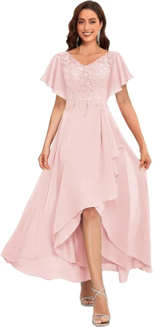 Ruffle Short Sleeve Mother of The Bride Dresses for Wedding Hi-Low V-Neck Lace Chiffon Evening Formal Dress