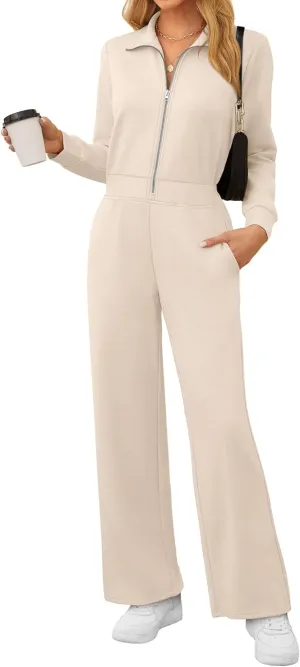SAMPEEL One Piece Jumpsuits for Women Casual 2024 Fall Fashion Half Zip up Travel Airplane Vacation Outfits Wide Leg