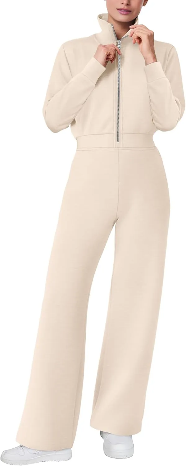 SAMPEEL One Piece Jumpsuits for Women Casual 2024 Fall Fashion Half Zip up Travel Airplane Vacation Outfits Wide Leg