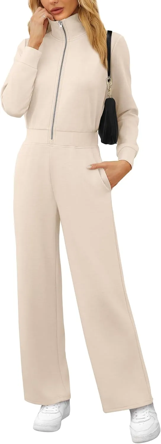 SAMPEEL One Piece Jumpsuits for Women Casual 2024 Fall Fashion Half Zip up Travel Airplane Vacation Outfits Wide Leg