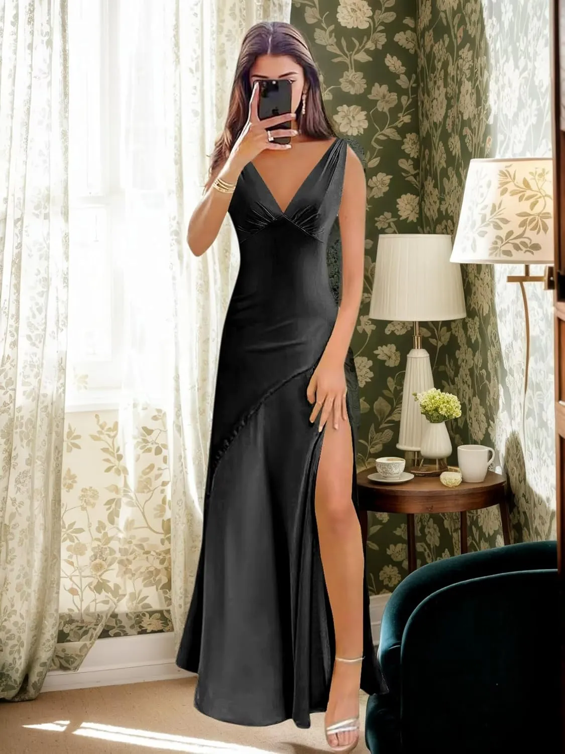 Satin Prom Dresses for Women 2025 V Neck Long Halter Pleated Evening Dress with Slit