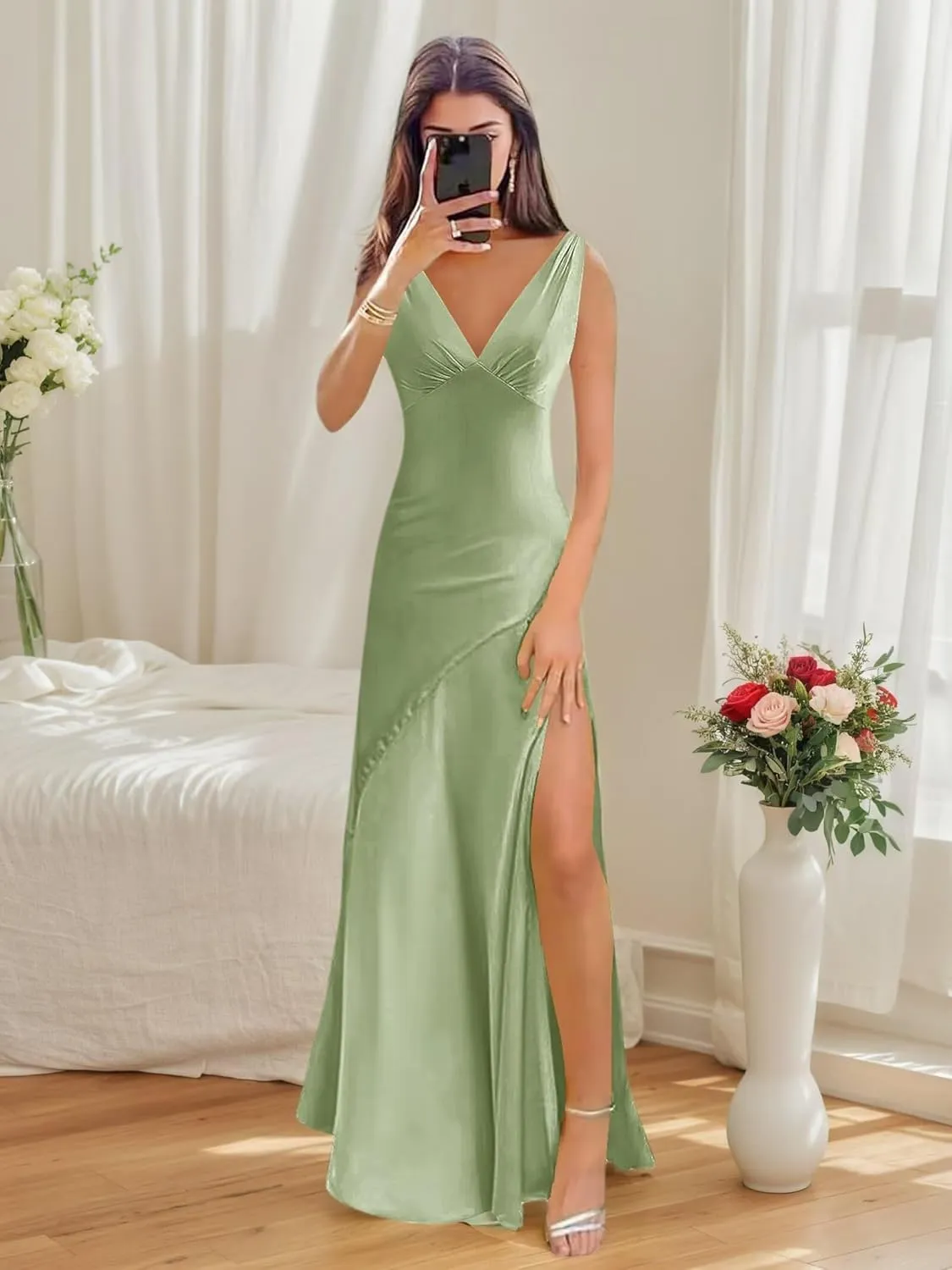 Satin Prom Dresses for Women 2025 V Neck Long Halter Pleated Evening Dress with Slit