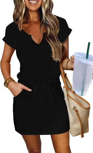 SAUKOLE Women Summer T Shirt Dress Casual Short Sleeve V Neck Dress with Pockets Drawstring Waist Short Dresses