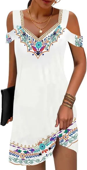 SAUKOLE Womens Sexy Cold Shoulder Dresses Summer Casual Dress Loose Fit Knee Length Dress
