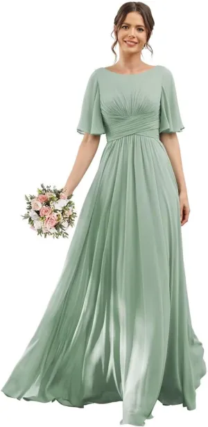 Scoop Flutter Sleeve Bridesmaid Dresses with Pockets A-Line Long Chiffon Formal Party Dress RO158