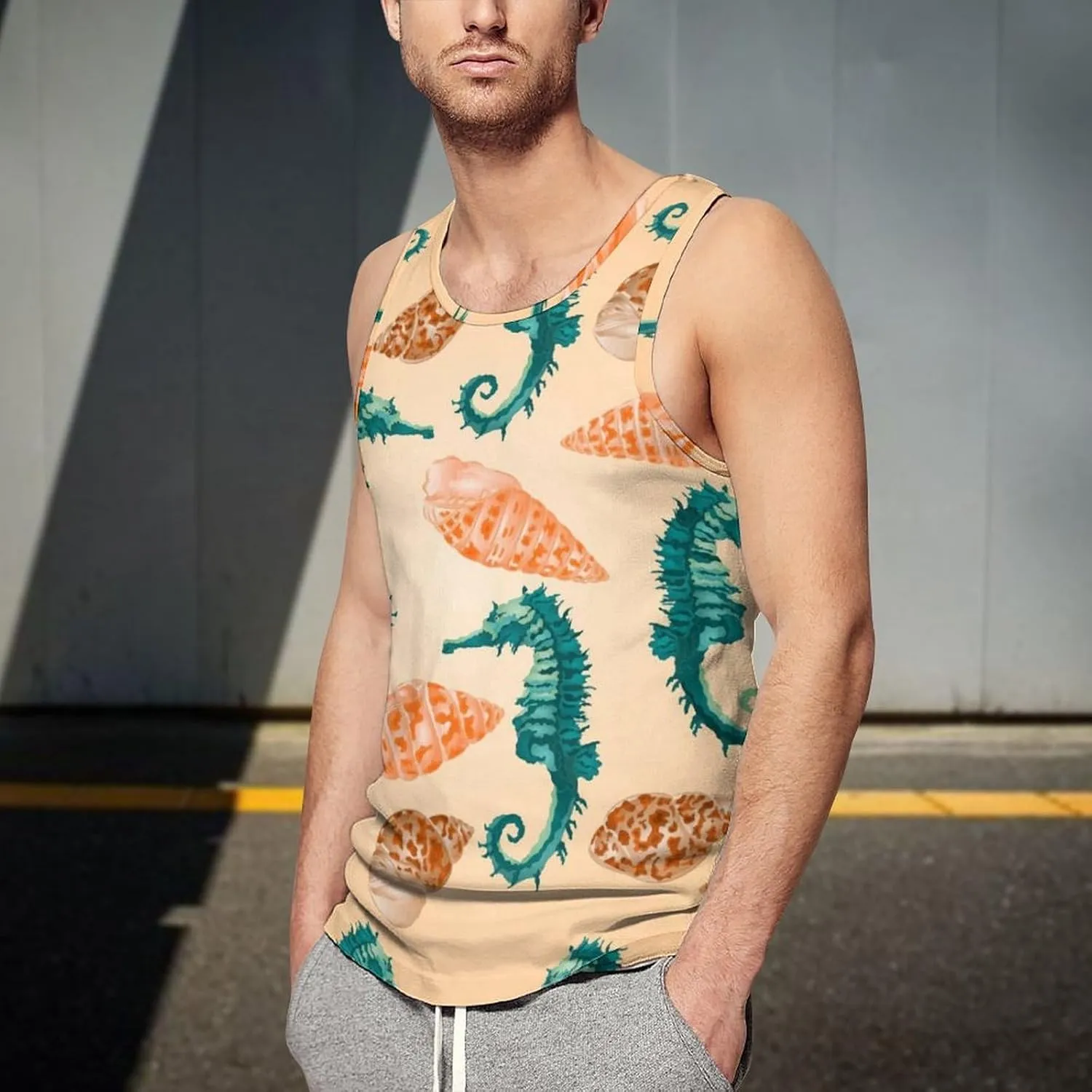 Seahorse and Starfish Men's Tank Tops Summer Sleeveless T-Shirts Gym Workout Tee Casual Beach Tee