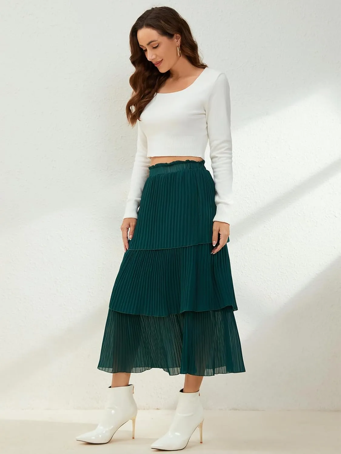 SENFURE Women's Elastic Waist - Chiffon Pleated A-Line Flowy Maxi Skirt