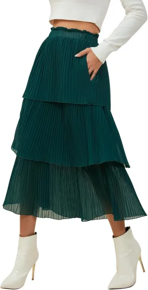 SENFURE Women's Elastic Waist - Chiffon Pleated A-Line Flowy Maxi Skirt