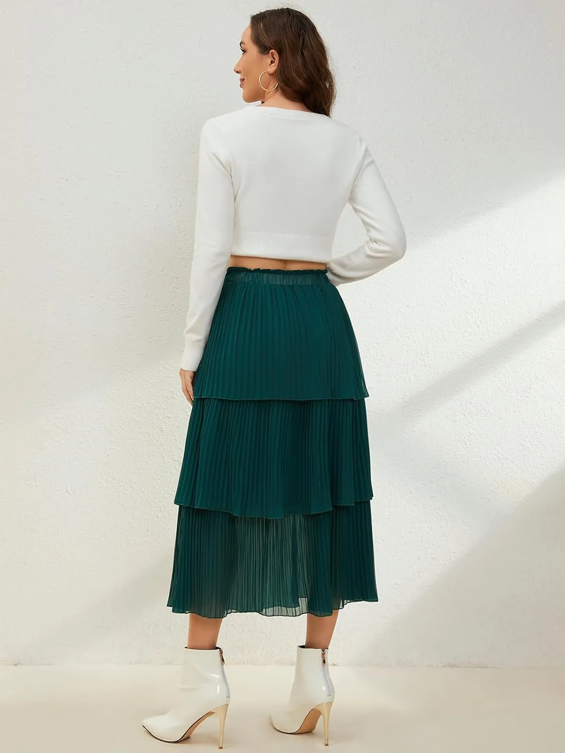 SENFURE Women's Elastic Waist - Chiffon Pleated A-Line Flowy Maxi Skirt