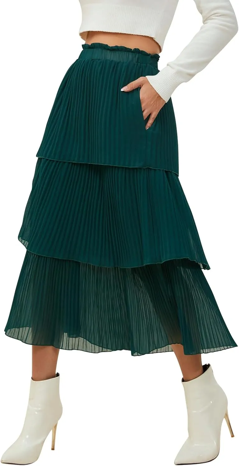 SENFURE Women's Elastic Waist - Chiffon Pleated A-Line Flowy Maxi Skirt