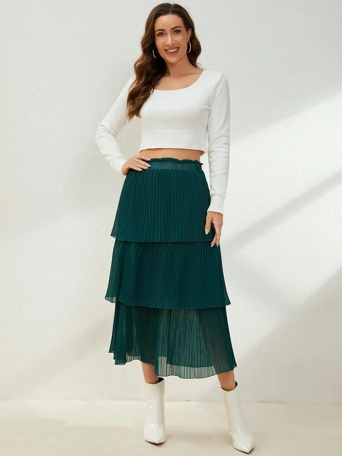 SENFURE Women's Elastic Waist - Chiffon Pleated A-Line Flowy Maxi Skirt