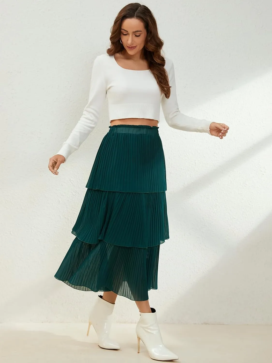 SENFURE Women's Elastic Waist - Chiffon Pleated A-Line Flowy Maxi Skirt
