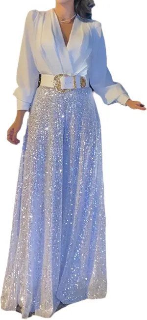 Sequin Jumpsuits for Women Elegant V Neck Long Sleeve Wide Leg Sparkly Jumpsuit One Piece Outfit Clubwear