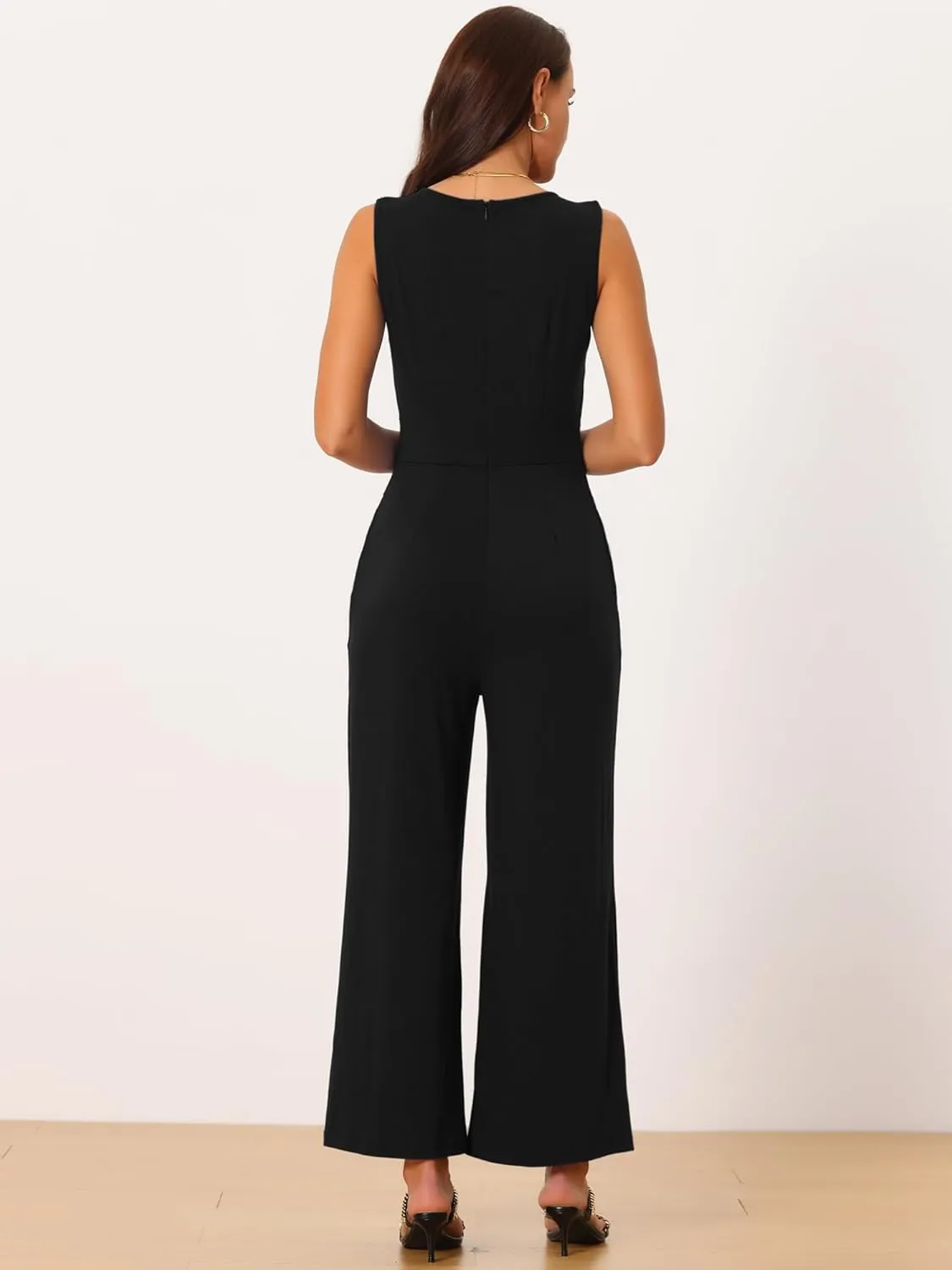 Seta T Women's V Neck Sleeveless Jumpsuits Belted High Waist Stretchy Wide Leg Casual Jumpsuit with Pockets