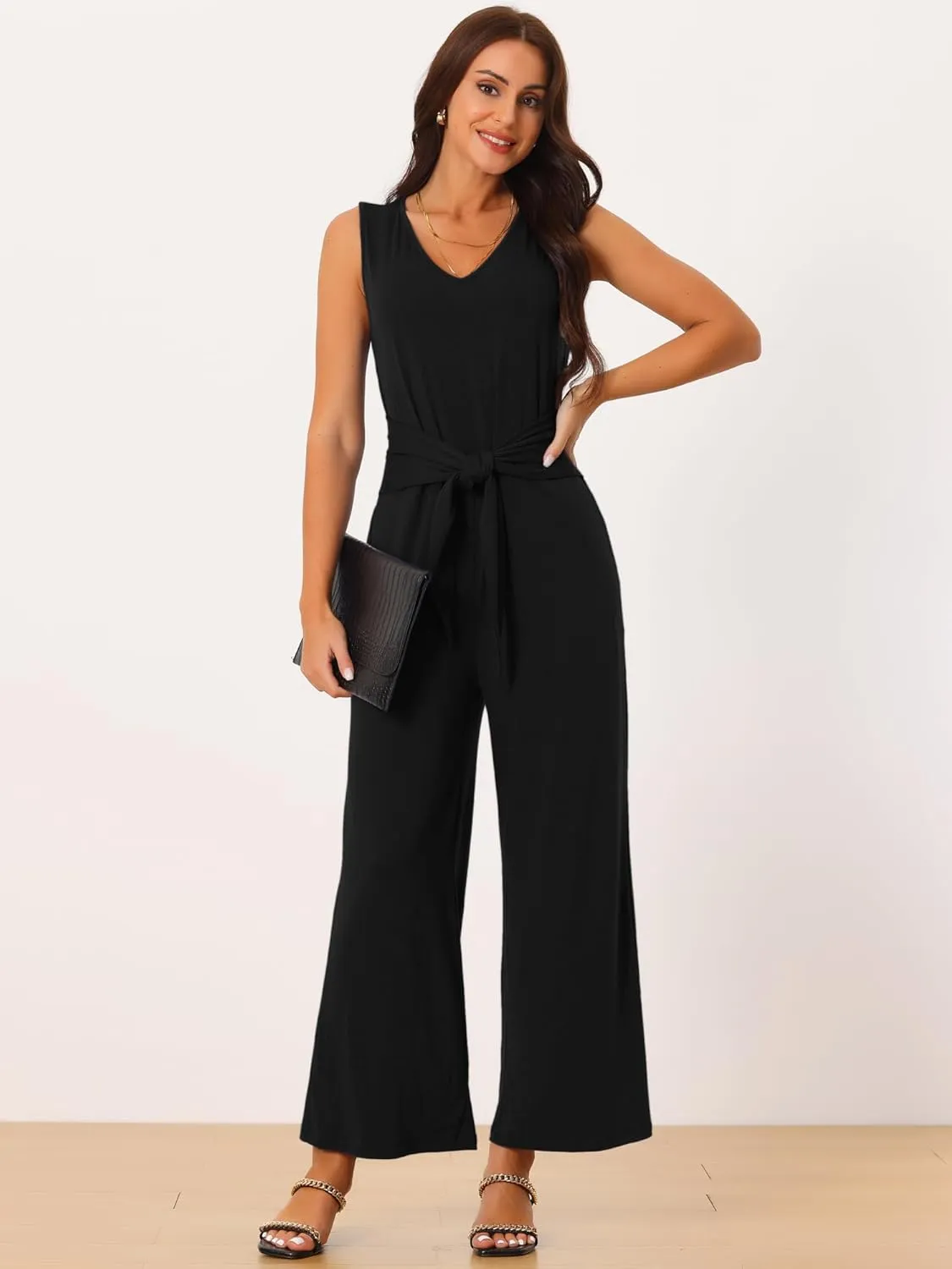 Seta T Women's V Neck Sleeveless Jumpsuits Belted High Waist Stretchy Wide Leg Casual Jumpsuit with Pockets