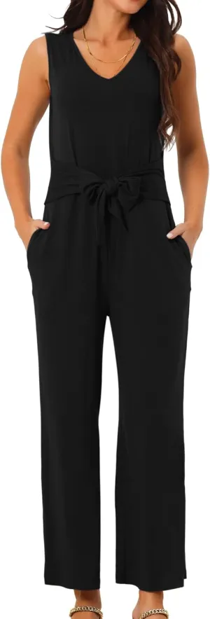Seta T Women's V Neck Sleeveless Jumpsuits Belted High Waist Stretchy Wide Leg Casual Jumpsuit with Pockets