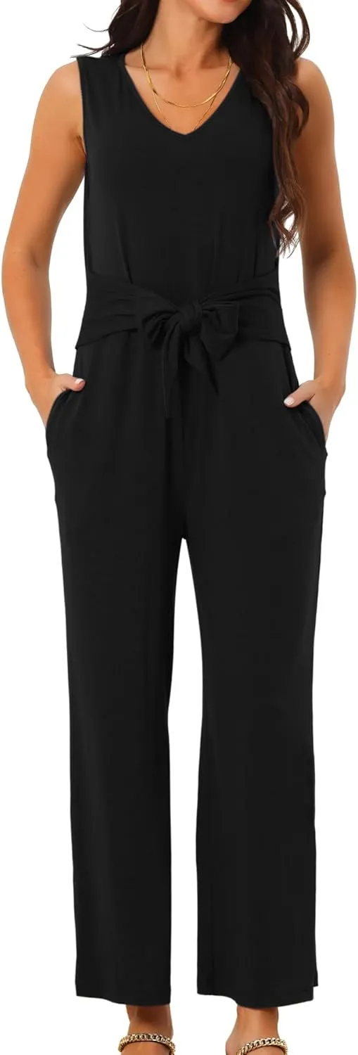 Seta T Women's V Neck Sleeveless Jumpsuits Belted High Waist Stretchy Wide Leg Casual Jumpsuit with Pockets