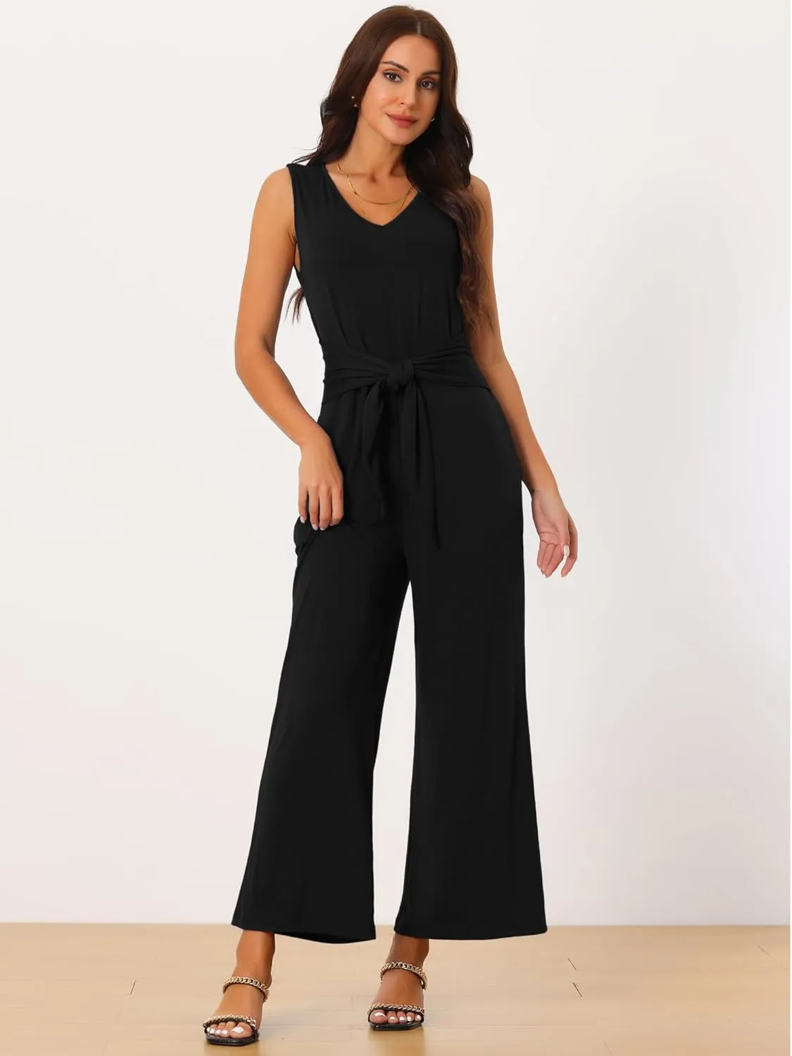 Seta T Women's V Neck Sleeveless Jumpsuits Belted High Waist Stretchy Wide Leg Casual Jumpsuit with Pockets