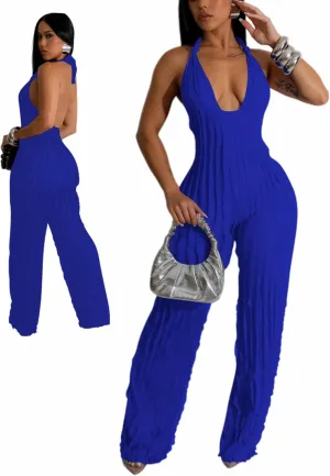Sexy Summer Halter jumpsuits for women Dressy 2024 backless V Neck wide leg long pants one pieces jumpsuit Romper club outfit