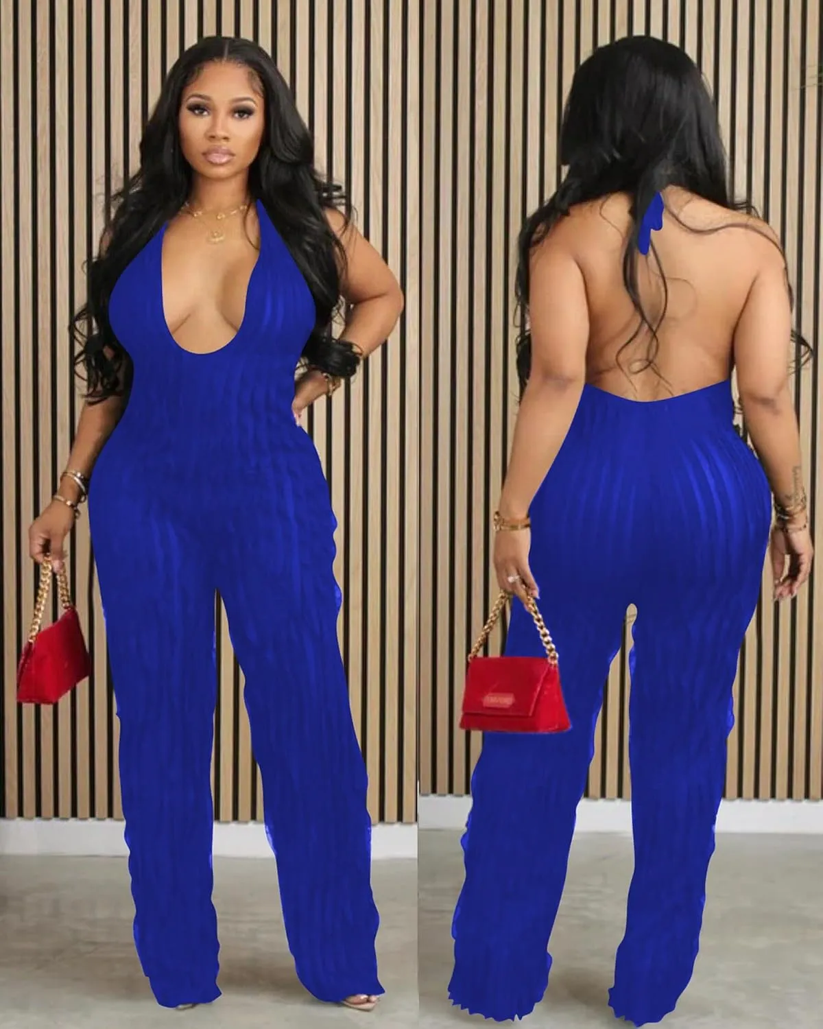 Sexy Summer Halter jumpsuits for women Dressy 2024 backless V Neck wide leg long pants one pieces jumpsuit Romper club outfit