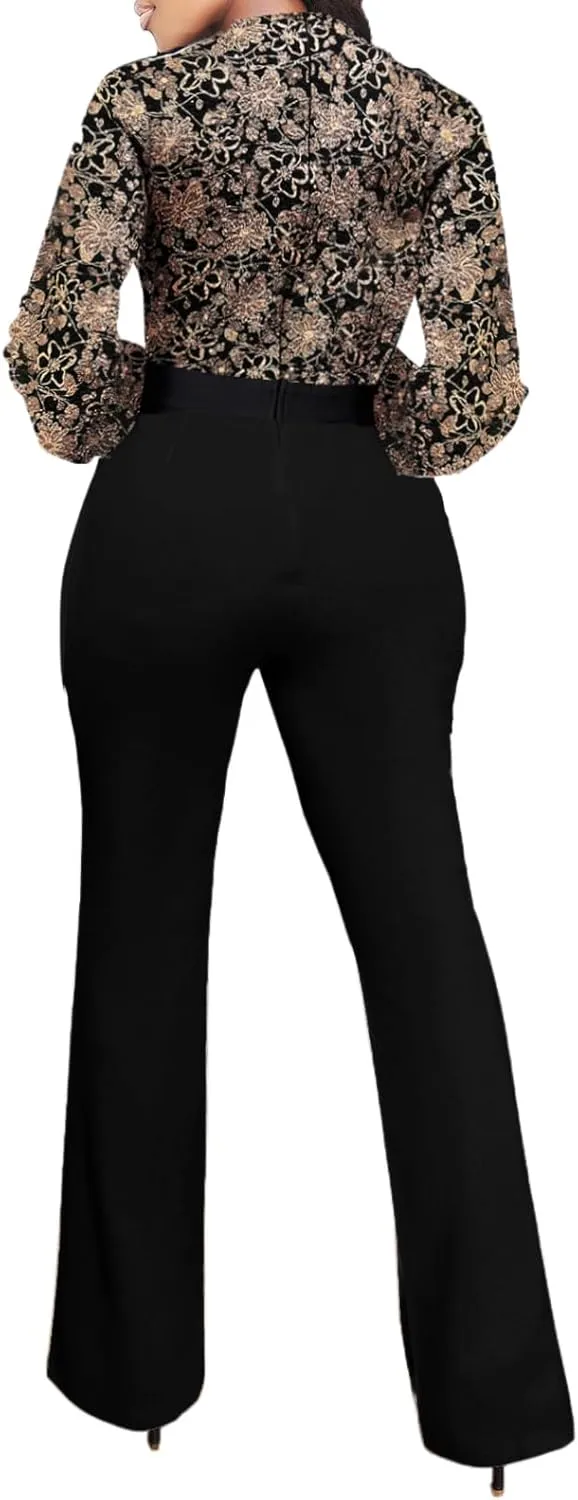 sexycherry Formal Jumpsuit for Women Dressy Wedding Guest Elegant Long Sleeve Long Straight Pants Cocktail Party Rompers