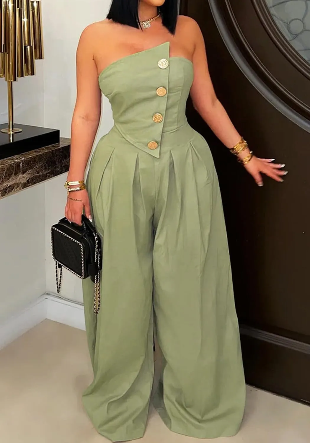SHINFY Women Summer Strapless Wide Leg Jumpsuits Loose Casual Off Shoulder Tube Top Sexy One Piece Romper